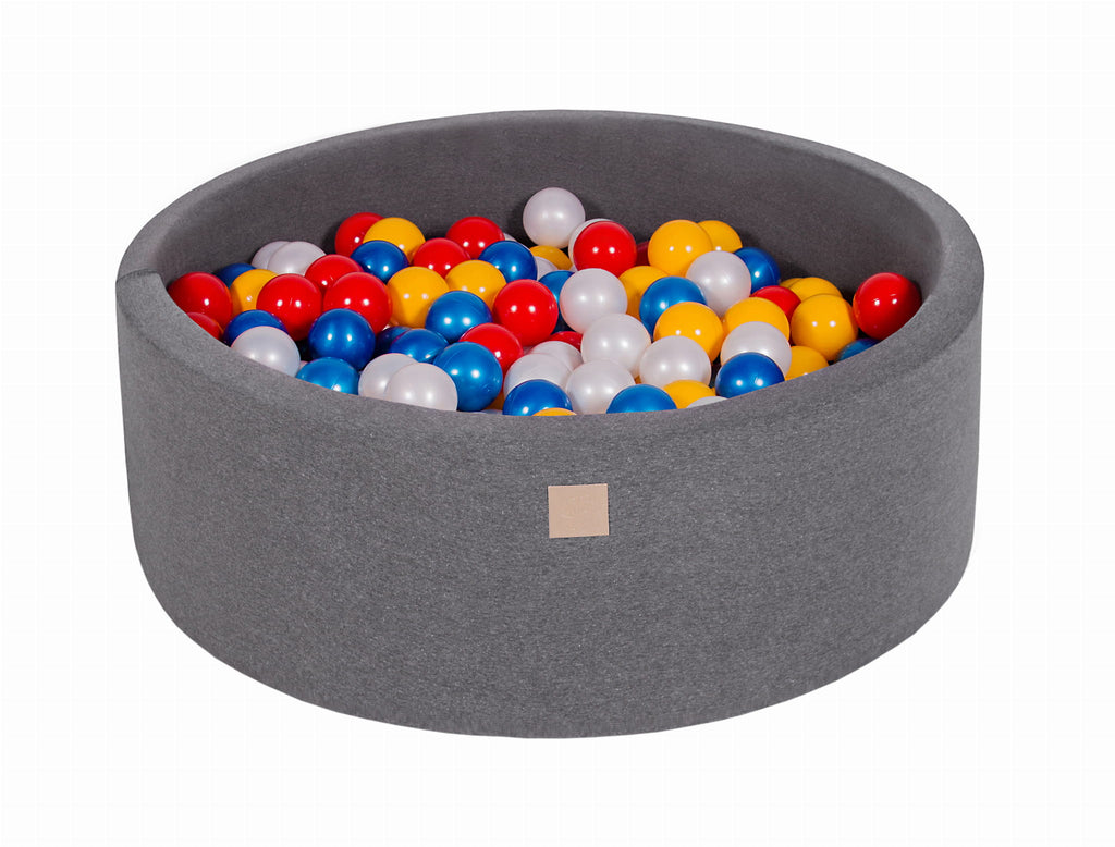 Baby Foam Round Ball Pit 90x30cm with 200 Balls 7cm Certified, Cotton, Dark Gray: Red/Yellow/White Pearl/Blue Pearl