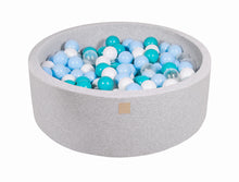 Laden Sie das Bild in den Galerie-Viewer, Baby Foam Round Ball Pit 90x30cm with 200 Balls 7cm Certified, Cotton, Light Gray: Turquoise/Baby Blue/Transparent/White