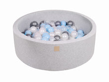 Laden Sie das Bild in den Galerie-Viewer, Baby Foam Round Ball Pit 90x30cm with 200 Balls 7cm Certified, Cotton, Light Gray: Baby Blue/Transparent/Silver/White Pearl