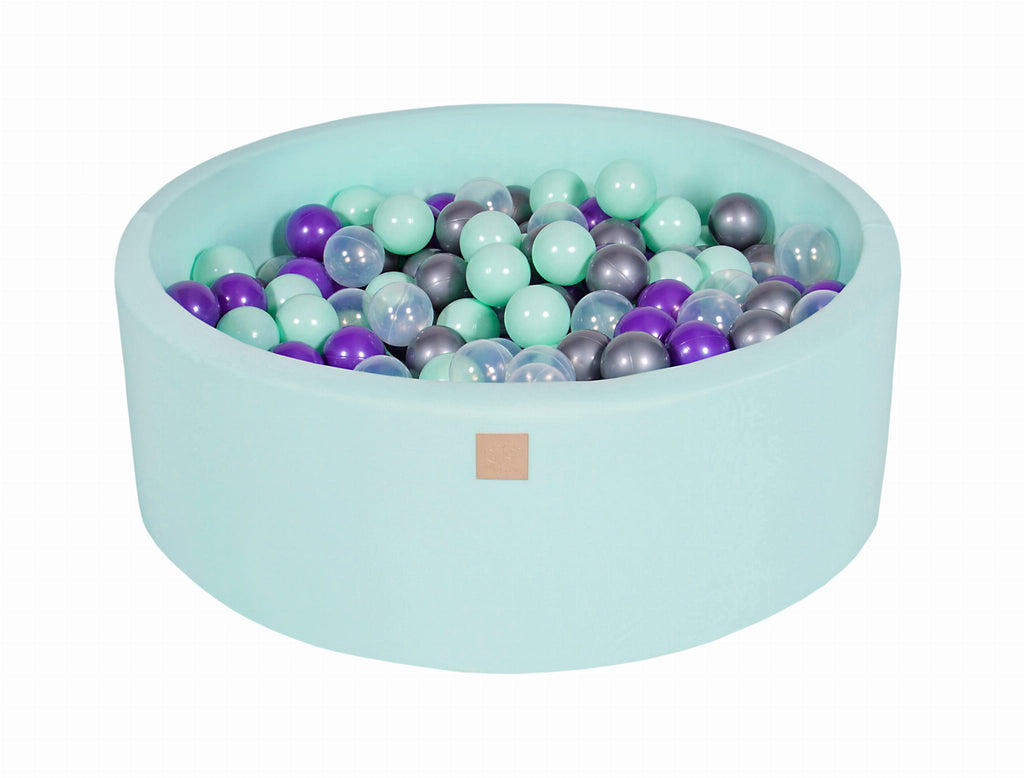 Baby Foam Round Ball Pit 90x30cm with 200 Balls 7cm Certified, Cotton, Mint: Mint/Transparent/Silver/Violet