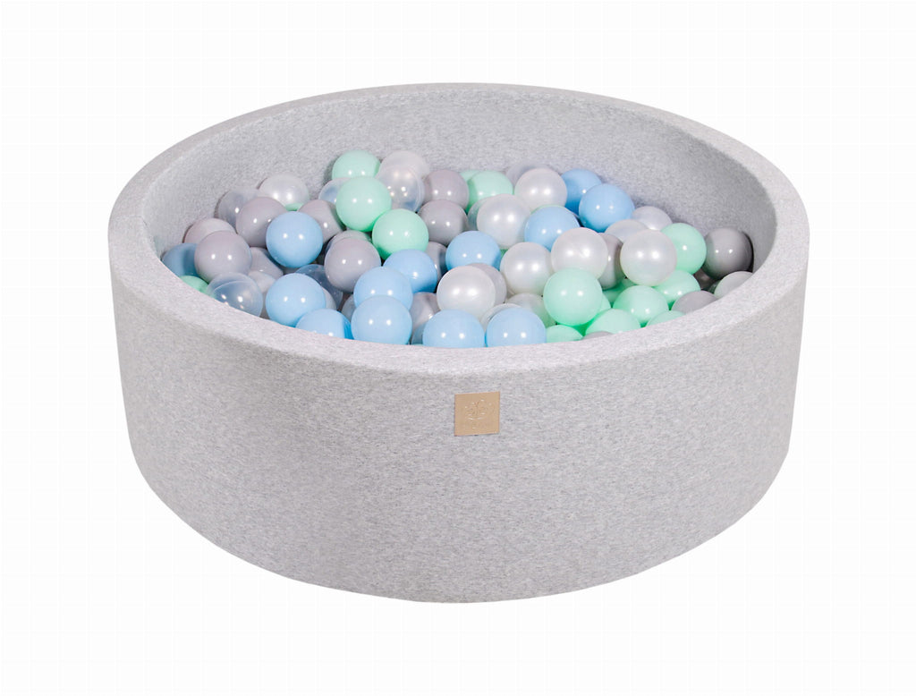 Baby Foam Round Ball Pit 90x30cm with 200 Balls 7cm Certified, Cotton, Light Gray: White Pearl/Gray/Transparent/Mint/Baby Blue