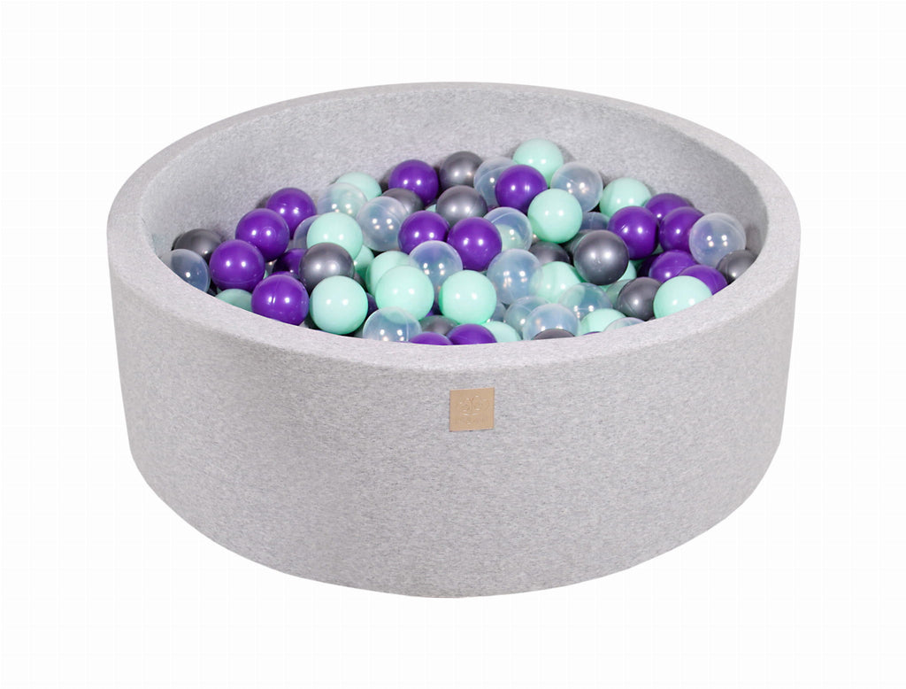 Baby Foam Round Ball Pit 90x30cm with 200 Balls 7cm Certified, Cotton, Light Gray: Mint/Transparent/Silver/Violet