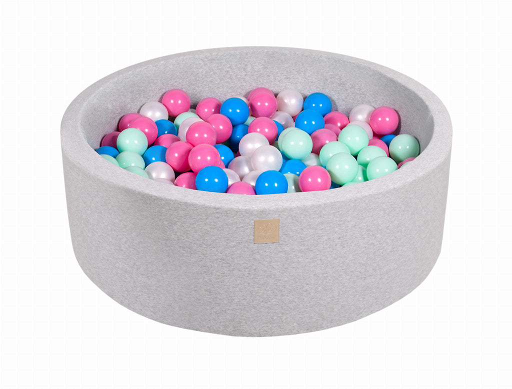 Baby Foam Round Ball Pit 90x30cm with 200 Balls 7cm Certified, Cotton, Light Gray: Blue/White Pearl/Light Pink/Mint