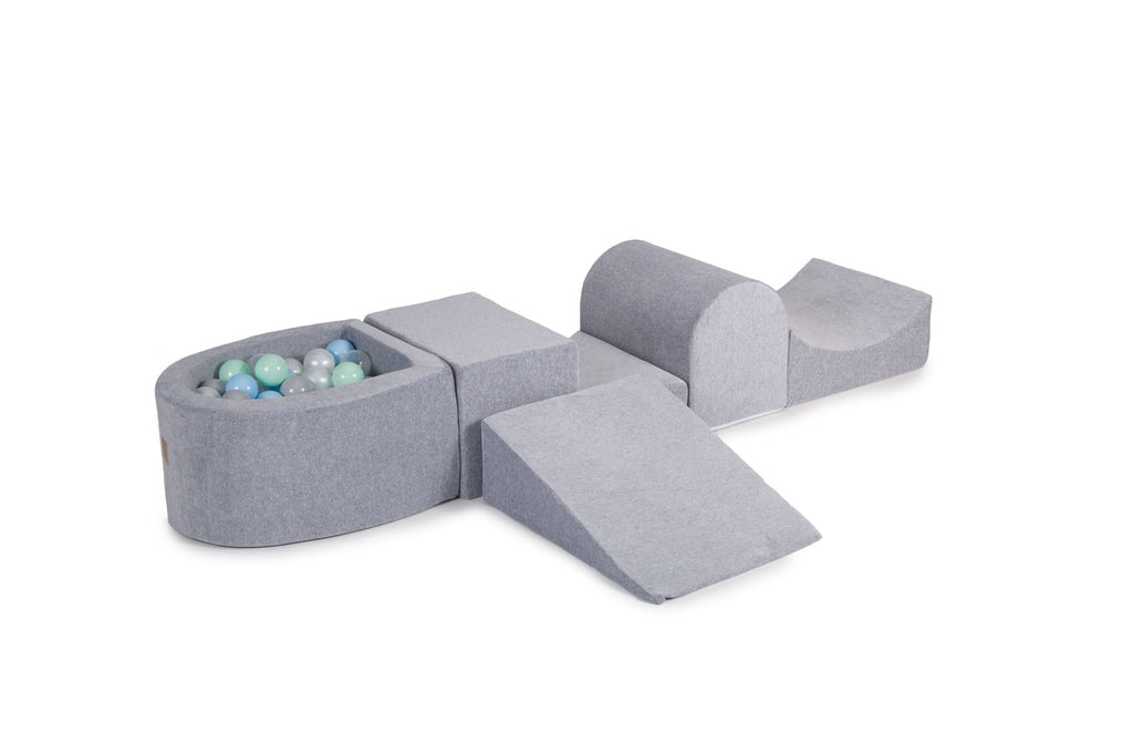 Foam Playset with Small Ball Pit Playground for Children with 100 Balls Certified, Velvet, Light Gray: Mint/Baby Blue/White Pearl/Gray/Transparent