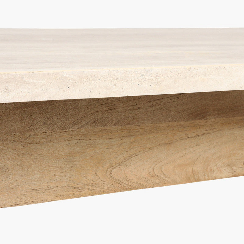 Travertine coffee table natural wood base rectangular