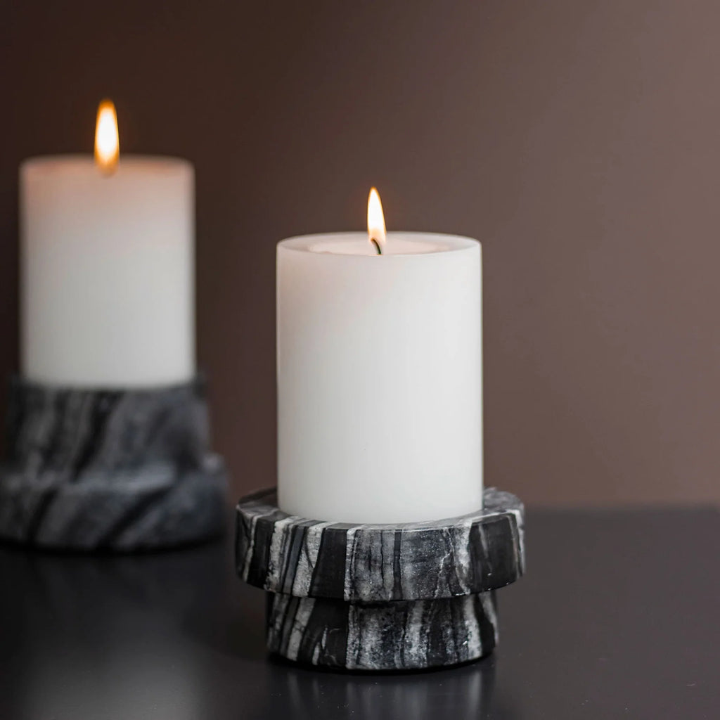 MARBLE block candleholder, low, Black / Grey