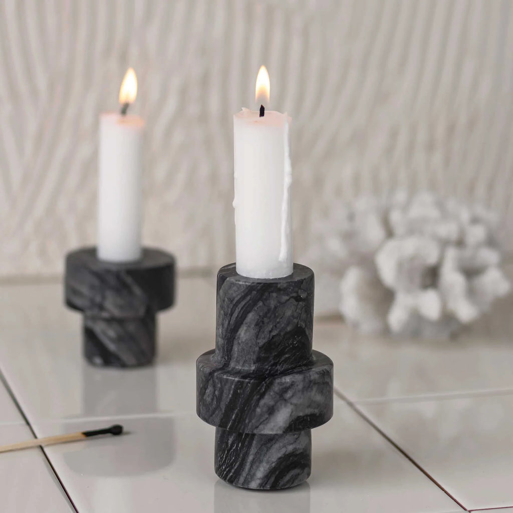 MARBLE candleholder, large, Black / Grey