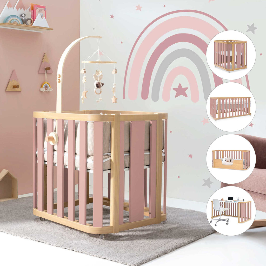 Mini crib-crib-bed-desk (4in1) wood/pink Crea Plus