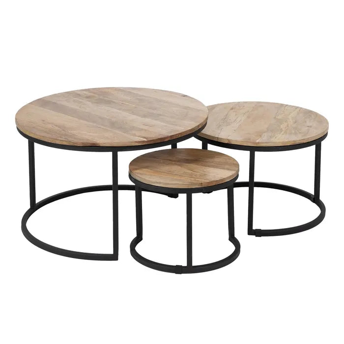 S/3 MAIN TABLE NATURAL-BLACK WOOD-IRON 79 X 79 X 48 CM