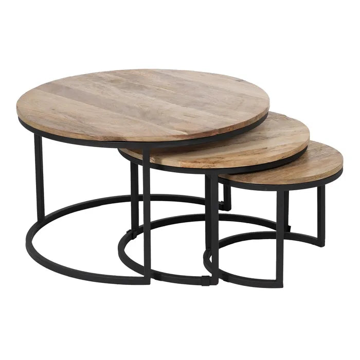 S/3 MAIN TABLE NATURAL-BLACK WOOD-IRON 79 X 79 X 48 CM